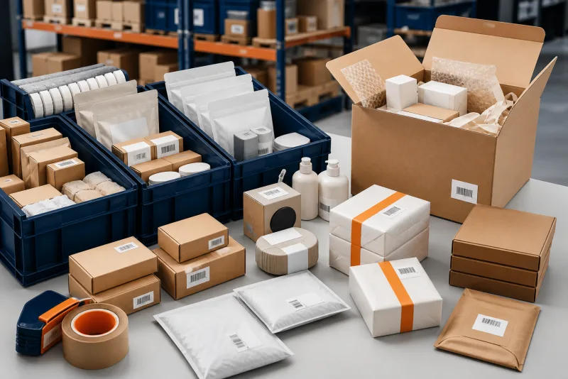 Packaged e-commerce inventory boxed and labelled for fulfilment
