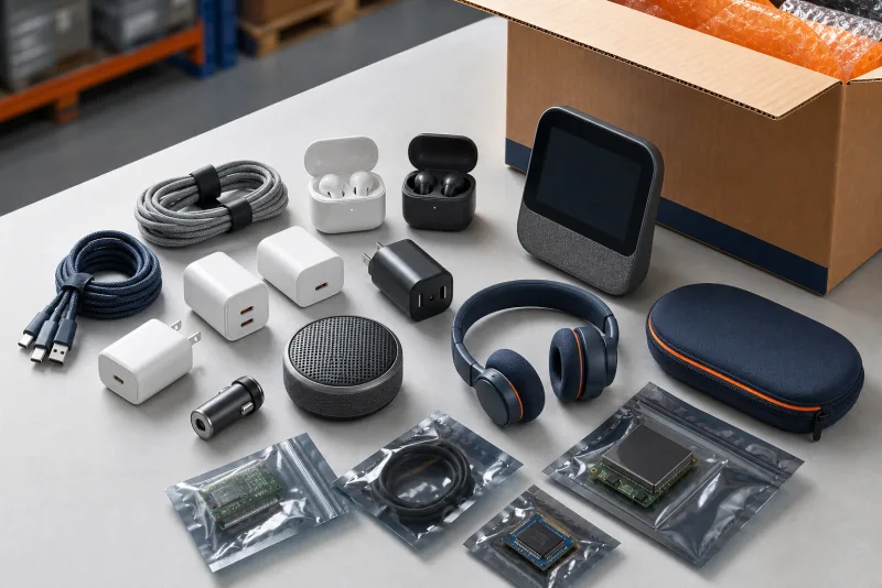Earbuds, chargers, cables and other electronics accessories packed for shipment