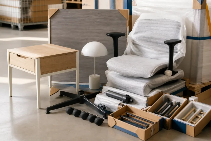 Furniture parts, a chair and fittings packed for container shipment
