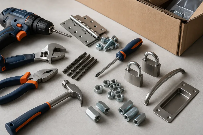 Hand tools, hinges, locks and fasteners laid out for packing