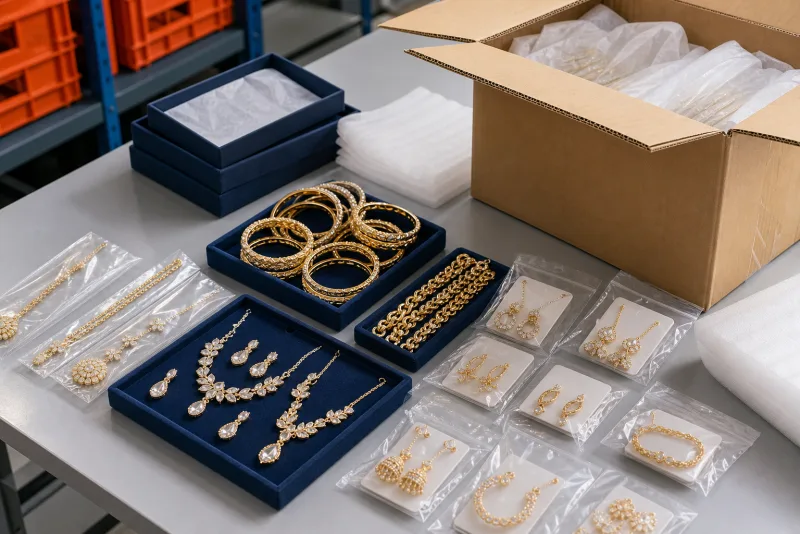Bangles, necklaces and earrings packed in trays for a consolidated shipment