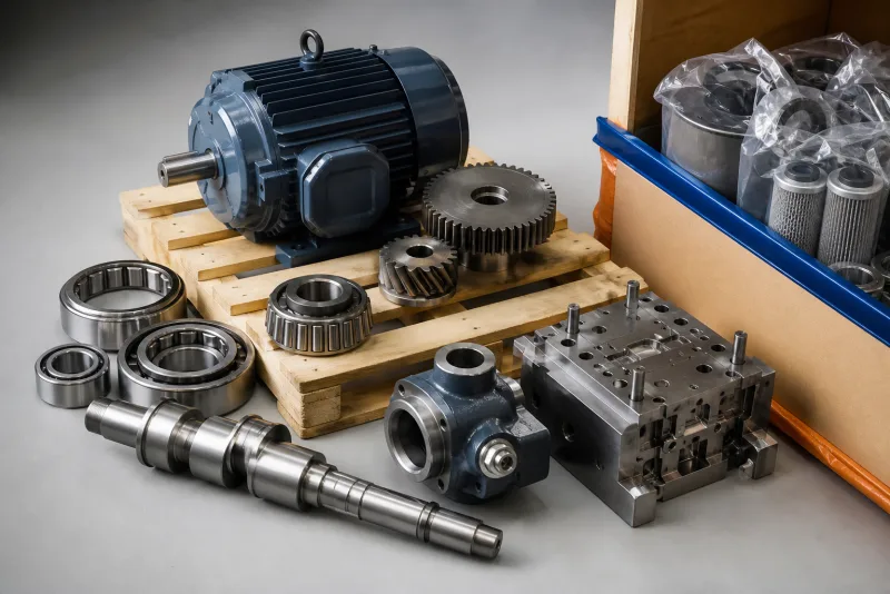 Motors, gears, bearings and machine parts on a pallet