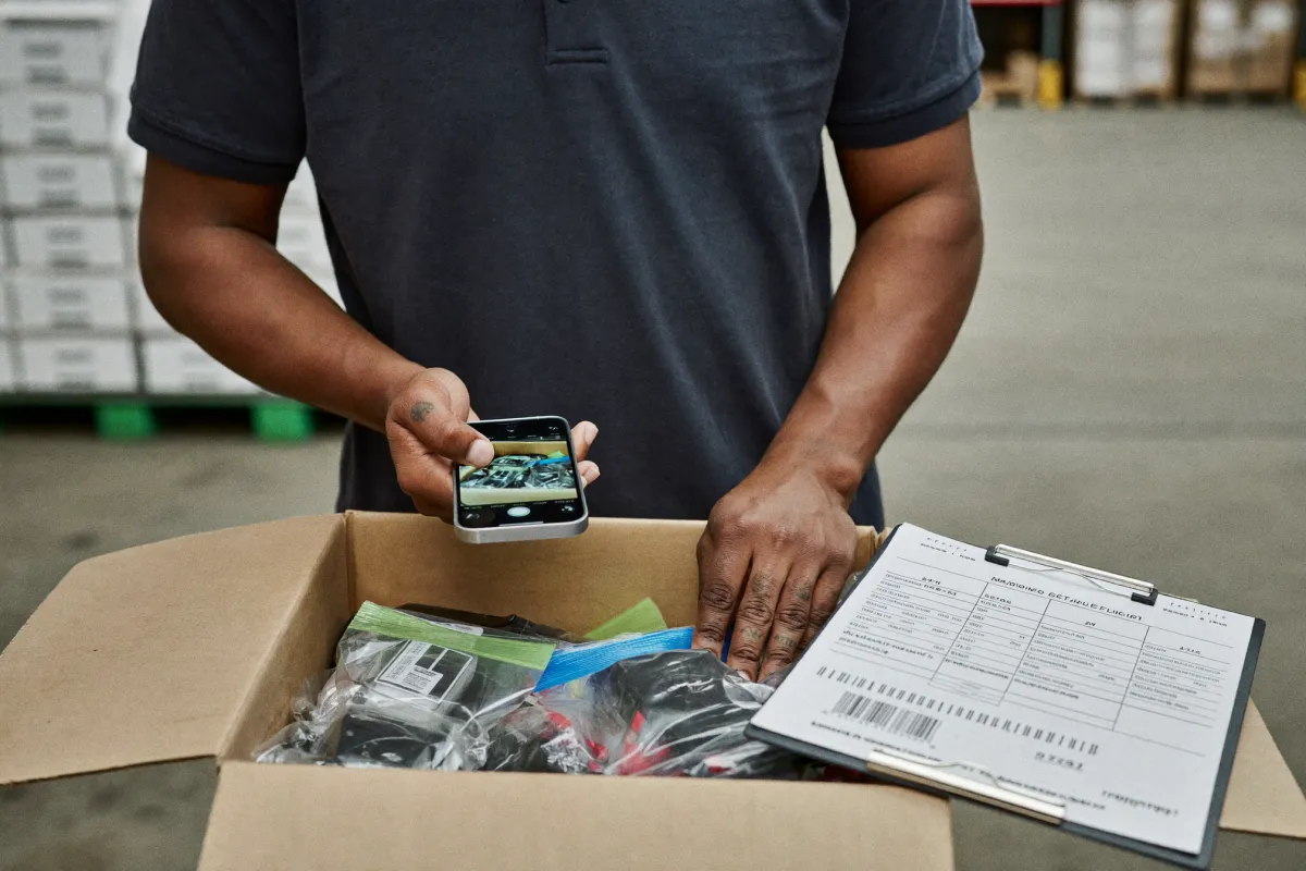 A worker counting goods inside an opened carton and photographing the contents on a phone, packing list on a clipboard alongside.