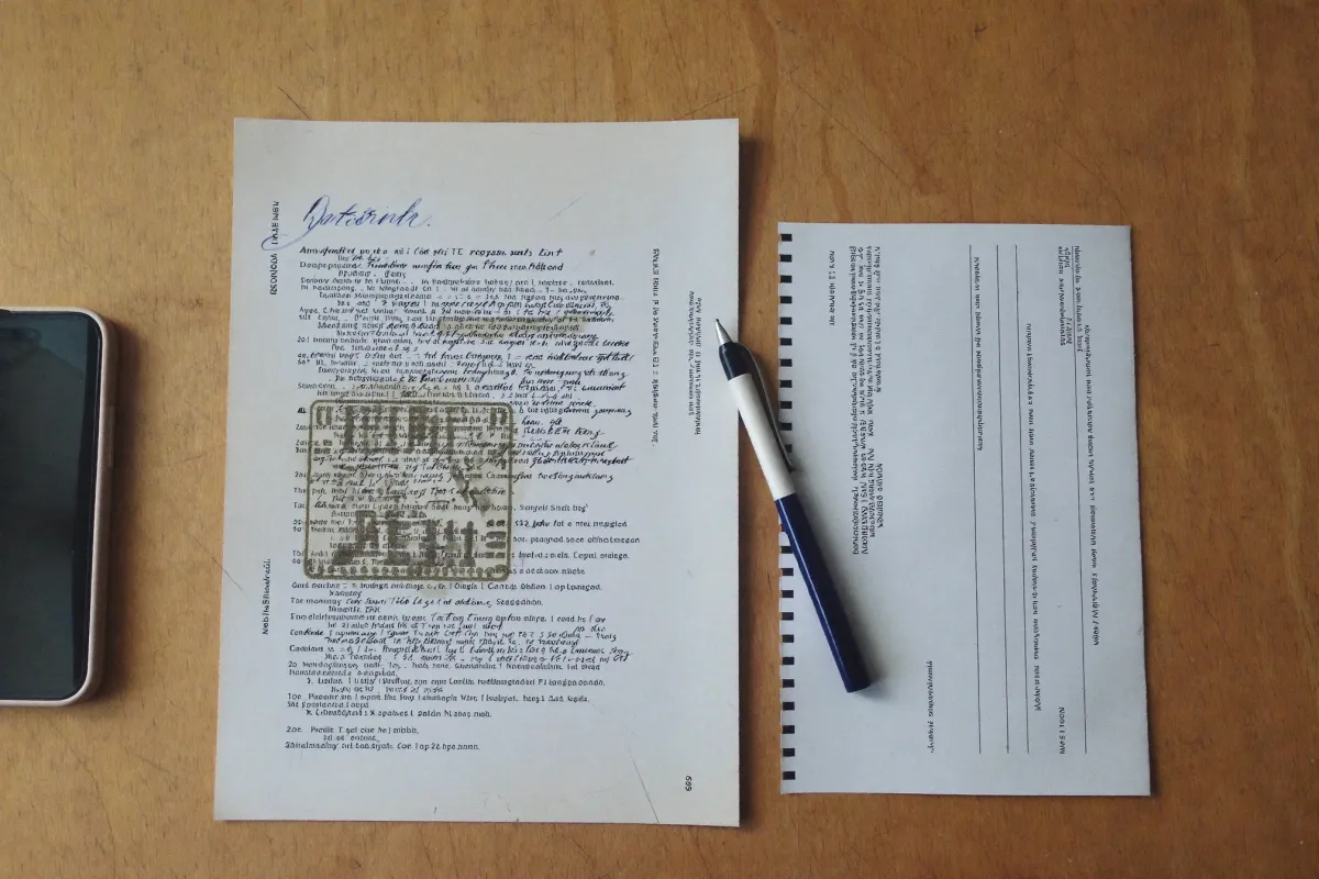 A printed customs document with a stamp impression and a stapled commercial invoice on a desk, pen resting across both.