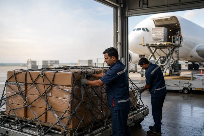 Workers loading a netted cargo pallet beside an aircraft on the tarmac
