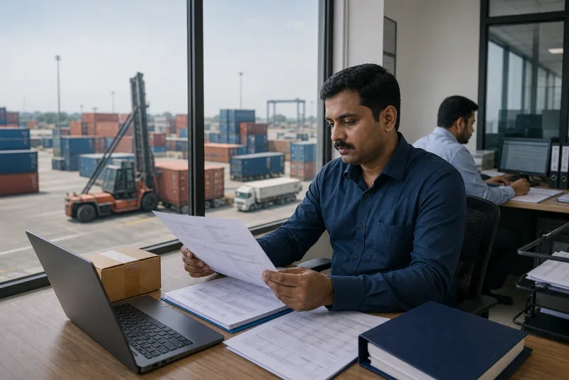 An office desk reviewing shipping paperwork with a container yard visible through the window