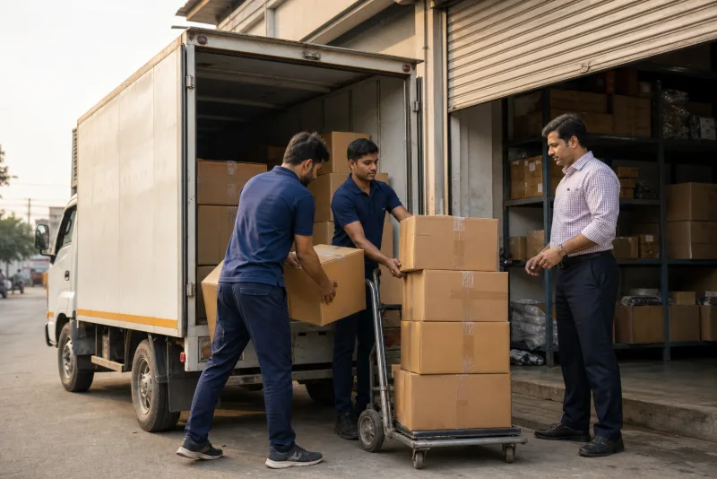 Two men unloading cartons from a delivery truck at a shop shutter