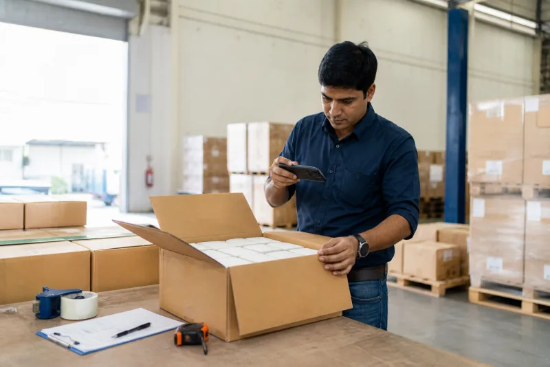 A worker photographing the contents of an open carton on a phone
