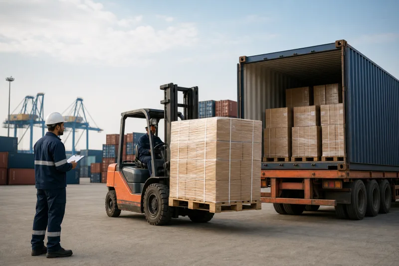 A forklift loading a palletised shipment into a container at a port