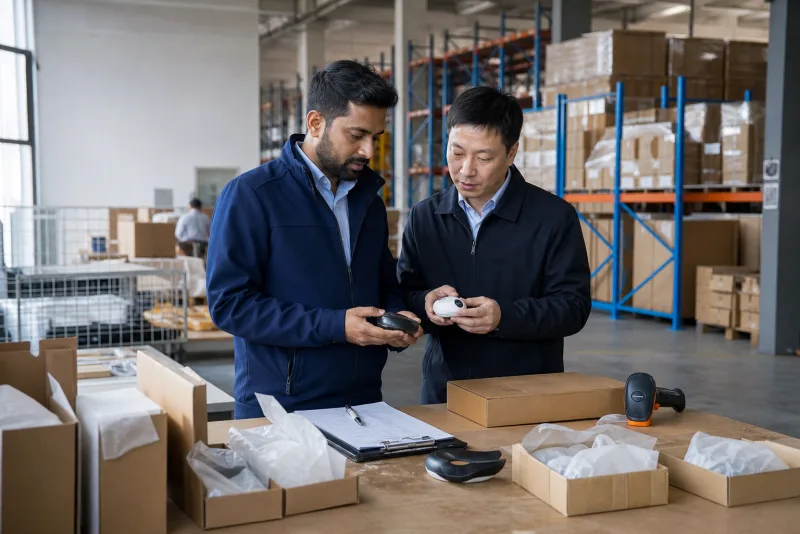 Two colleagues examining a scanner device with a supplier in a warehouse